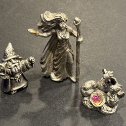 3 pc Vintage Pewter Mythical Dragon , Fairy, & Hobbit Figures