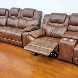Memorial day sale going on now. Santiago leather reclining sofa and loveseat set in brown or black. $899. Easy finance option. Same-day delivery