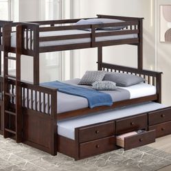 Brand New Espresso Twin Over Full Bunk Bed w Trundle Bed + Drawers 