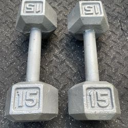 PAIR OF 15 POUND STEEL HEX  DUMBBELLS