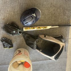 Softball Bag, Bat, Mitt, Gloves, Helmet, And Balls 