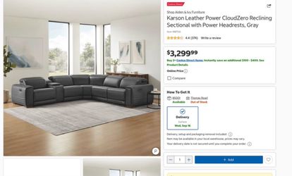 Karson Leather Power Reclining Sectional with power headrests , Gray