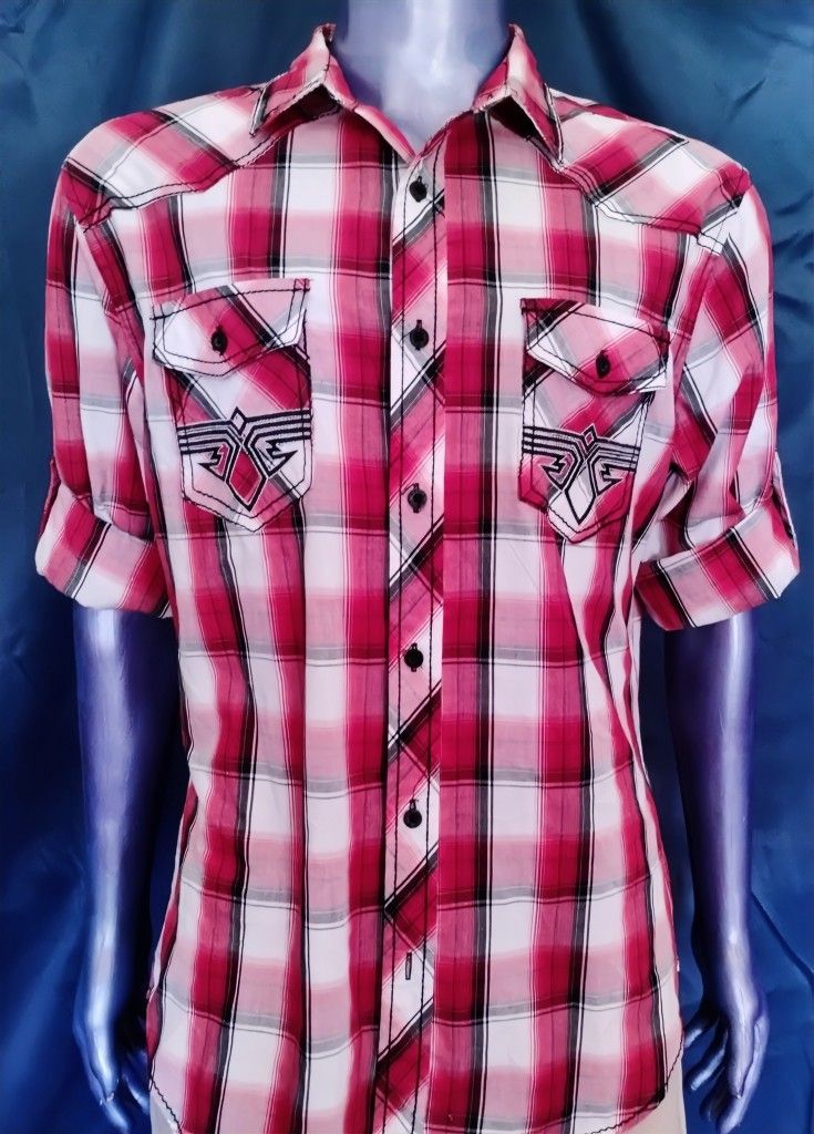 Helix Western Shirt Men’s Large Red White Black Plaid Snap Front Athletic Fit READ

