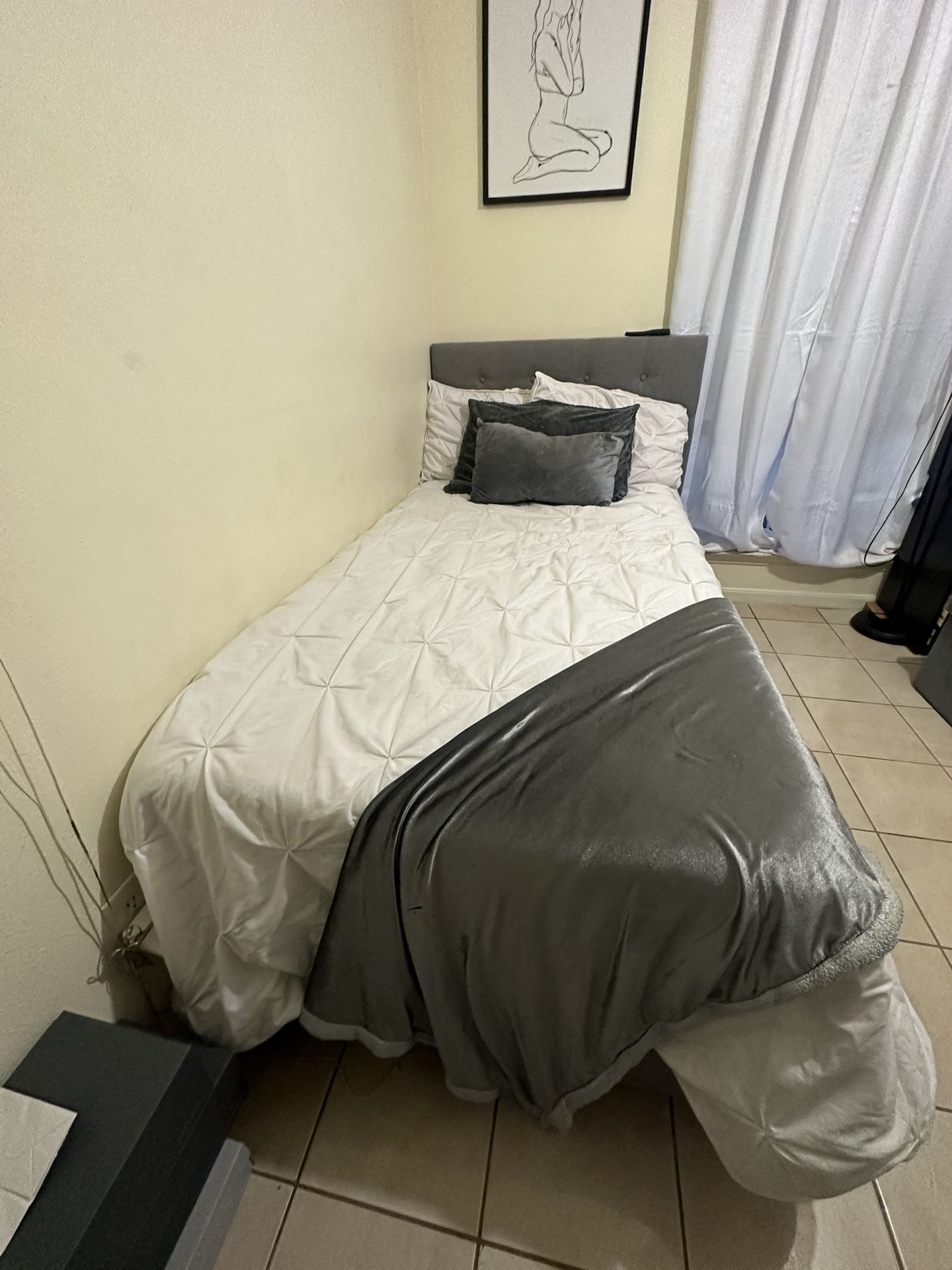 Grey Tufted Twin Bed With Boxspring And Mattress