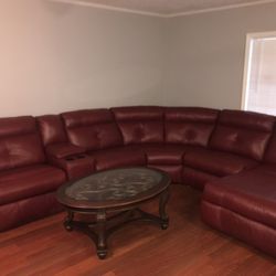 Burgundy Sectional Sofa w/Chase, Recliners  & 3 Tables