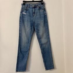 American Eagle Stretch Mom Jean Blue size 4 Long semi distressed look 