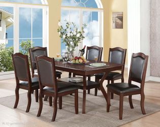 ⚽️ Dining Set 7 Pc w/Shelf, Espresso Finish Wood, Black Leather, New in the Box.