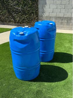 Two 55-Gallon Food-Grade Plastic Water Barrels — $50 for the pair (or $30 each)