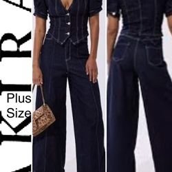 Akira plus size deep V-neckl/tailored bodice exaggerated wid-leg denim jumpsui