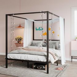 Canopy Bed Frame Queen Size/Mattress Foundation with Metal Slats Support/No Box Spring Needed/Easy Assembly/Black  Size Queen Material Meta