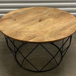 Vintage Round Wooden Coffee Table with Metal Base