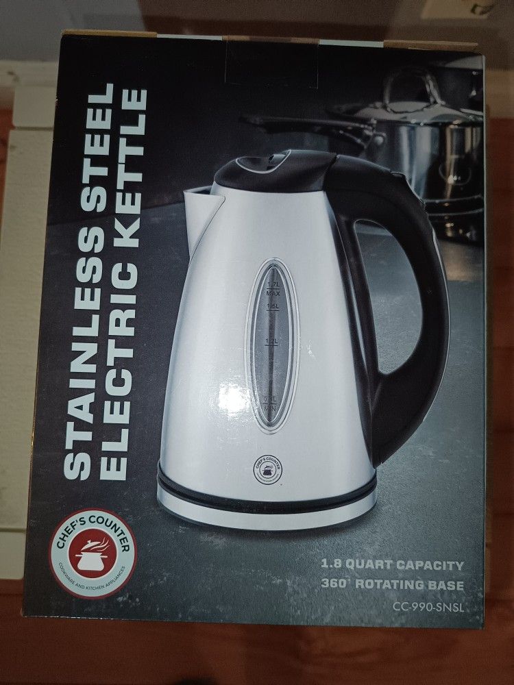 Chef's Counter Stainless Steel Electric Kettle-1.8 QT Capacity-Rotating Base Brand New Never Opened