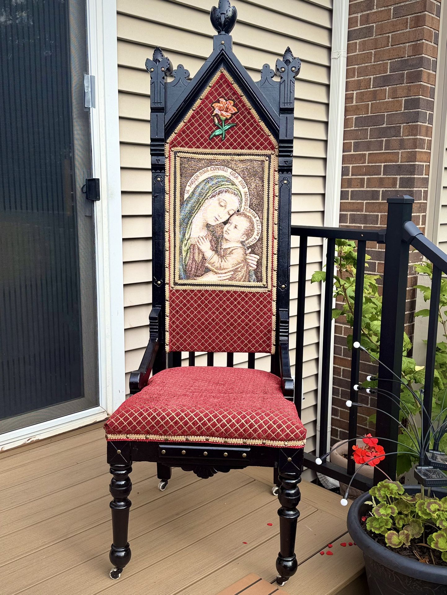 Antique Refurbished Gothic Church Chair On Wheels /64” Back High /Gorgeous pies of vintage art!