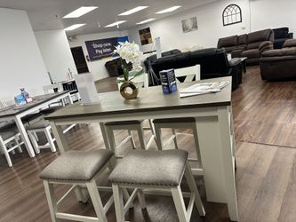 5pc Dining Table + Shelf Storage & Barstools 