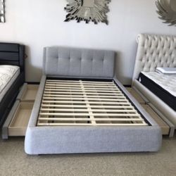 Low Profile Fabric Bed With Built In Storage Drawers : Queen, King, Cali King