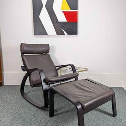 IKEA Poang Brown Leather Rocker Chair w/ Ottoman