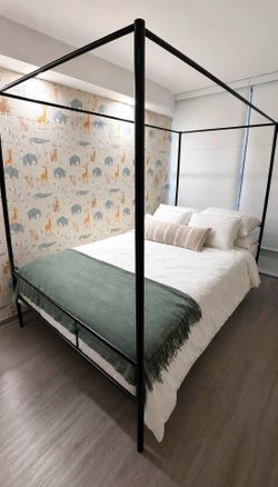Black Metal Canopy Bed + Mattress + 2 pillows