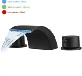 BWE 8 in. Widespread Waterfall Double Handle Three Holes Bathroom Faucet With Led Light in Matte Black