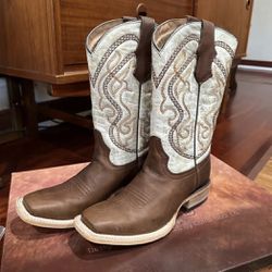 Boots Circle G Corral Cowboy Cowhide Western Square Toe Brown & Bone New  Youth