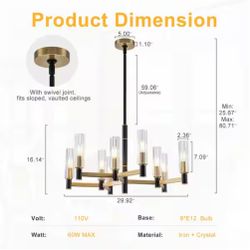 30 in. 9-Light Black and Gold Chandelier with Crystal Shades, Modern Luxury Pendant for Living and Dining Room