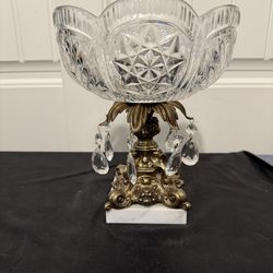 MCM Vintage Crystal Pedestal Bowl Marble Base/Cut Crystal