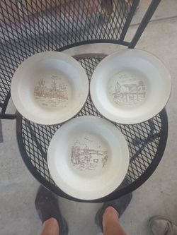 Set of 3 Vintage Stoneware Plates with Scenic Sketches