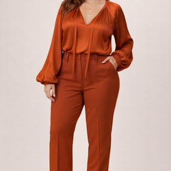 Women’s Burnt Orange Outfit Set Satin V-Neck Blouse + High Waist Pants Size L 15/16 Elegant