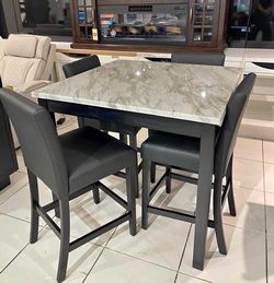 (NEW IN BOX) Pub Faux Marble Table Top  + 4 Black Pu Chair Set