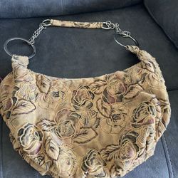 Vecceli Italy Hobo Purse Different Tones Of Beige& Black with Beading Around Flower Design