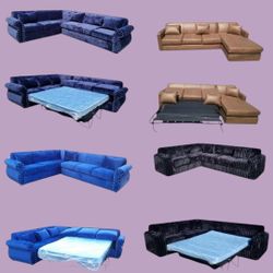 BRAND NEW 7x9ft SECTIONAL SOFAS couches CHAISE WITH SLEEPER, VELVET ELECTRIC BLUE FABRIC. CUSTOM MADE AVAILABLE
