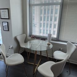 Dining set for 4, white chairs, gold/glass table