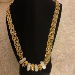 Double Stranded Goldtone Rope Necklace 24”With Gold And White Attached Pendants