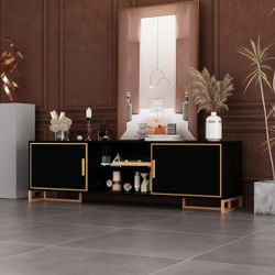 Modern Black T V Stan d with Gold Accents Spacious Double Layer Storage Entertain ment Centers