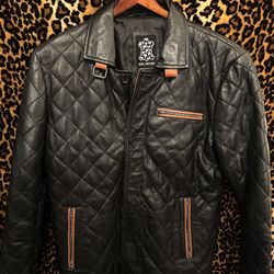 Men's Black Quilted Long Leather Jacket Size XL