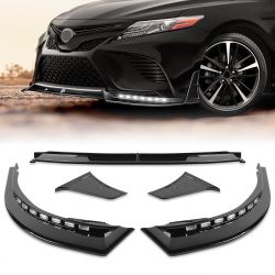 For 2018 2019 2020 Toyota Camry SE Painted BLK LED Sequential Light Front Bumper Lip -(2-PU-210-LED-PBK