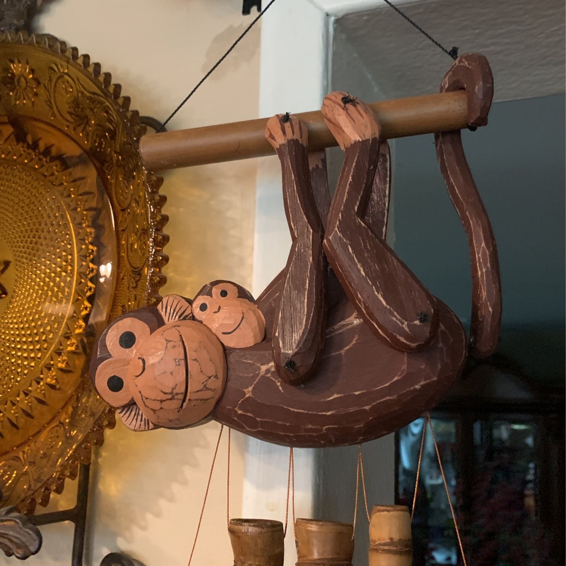 Monkey With Baby Wooden Bamboos Wind Chime