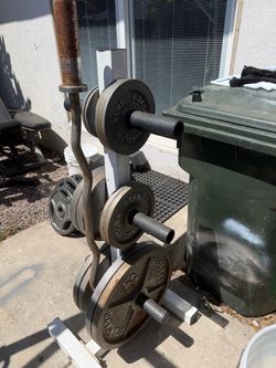 Olympic weights tree stand. Olympic curl bar
