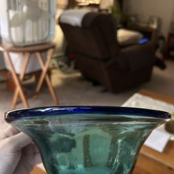 Mexican Hand-Blown Glass Cobalt Blue Rim Green Tint Serving Decorative Bowl 3.5” 