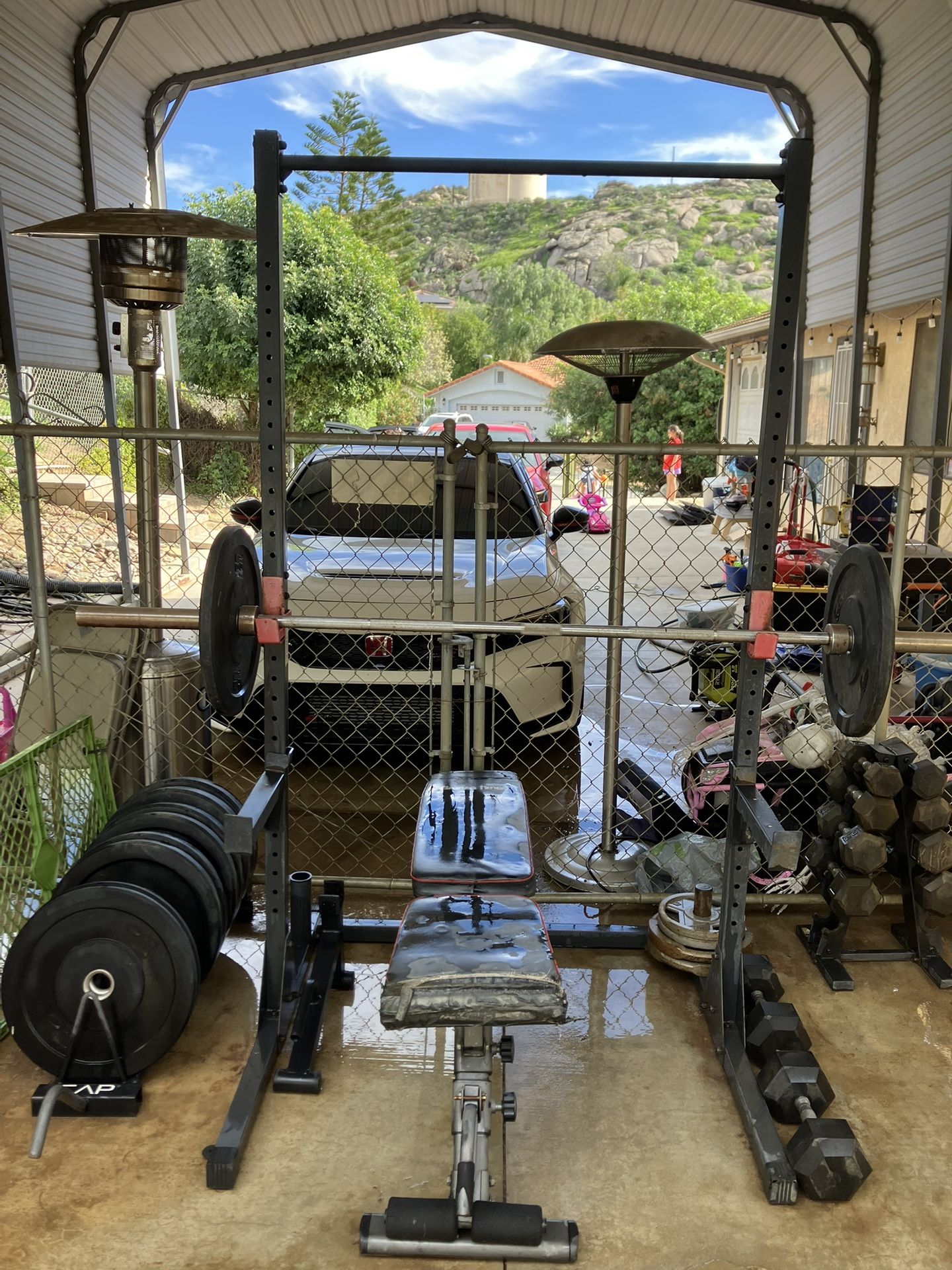 Home Gym Set-up (weights, Bumper Plates, Bench, Squat Rack)