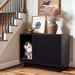NEW Modern Black Hidden Cat Litter Box Furniture with Scratching Pad