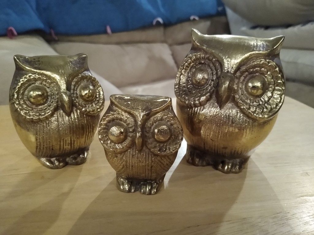 Brass Owl Paperweight Family 