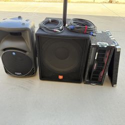 JBL Sub Woofers + Amp & Mackie Powered Speakers