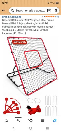 Baseball Rebounder Net 48x52 inch Adjustable Steel Frame