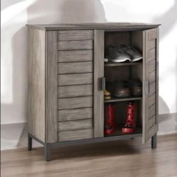 Shutter Design Wooden Shoe Cabinet with Metal Trim Base, Gray(New)