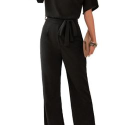 .Women’s Casual Crew Neck Short Sleeve Belted Loose Long Wide Leg Pants Jumpsuits Romper