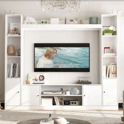 White Wood Entertainment Centers TV Stand Fits TV's up to 57 in. with Open Shelves, Door Cabinets（KF020468-01YQ-001)