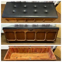 MCM Leather Upholstered Top Cedar Chest Bench. Storage Trunk Bench. Hope Chest. Free to ask, I reply. Size in pics 