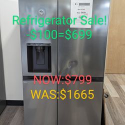 27cu Side By Side Refrigerator with Pocket Handles, External Water and Ice Dispenser 