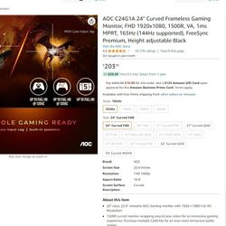 24" Curved Frameless Gaming Monitor, Made by AOC, New Cost $209 