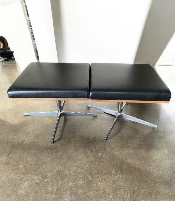 Pair Of Mid Century Modern Aluminum Steel Base Lounge Chair Ottoman Bench Stools